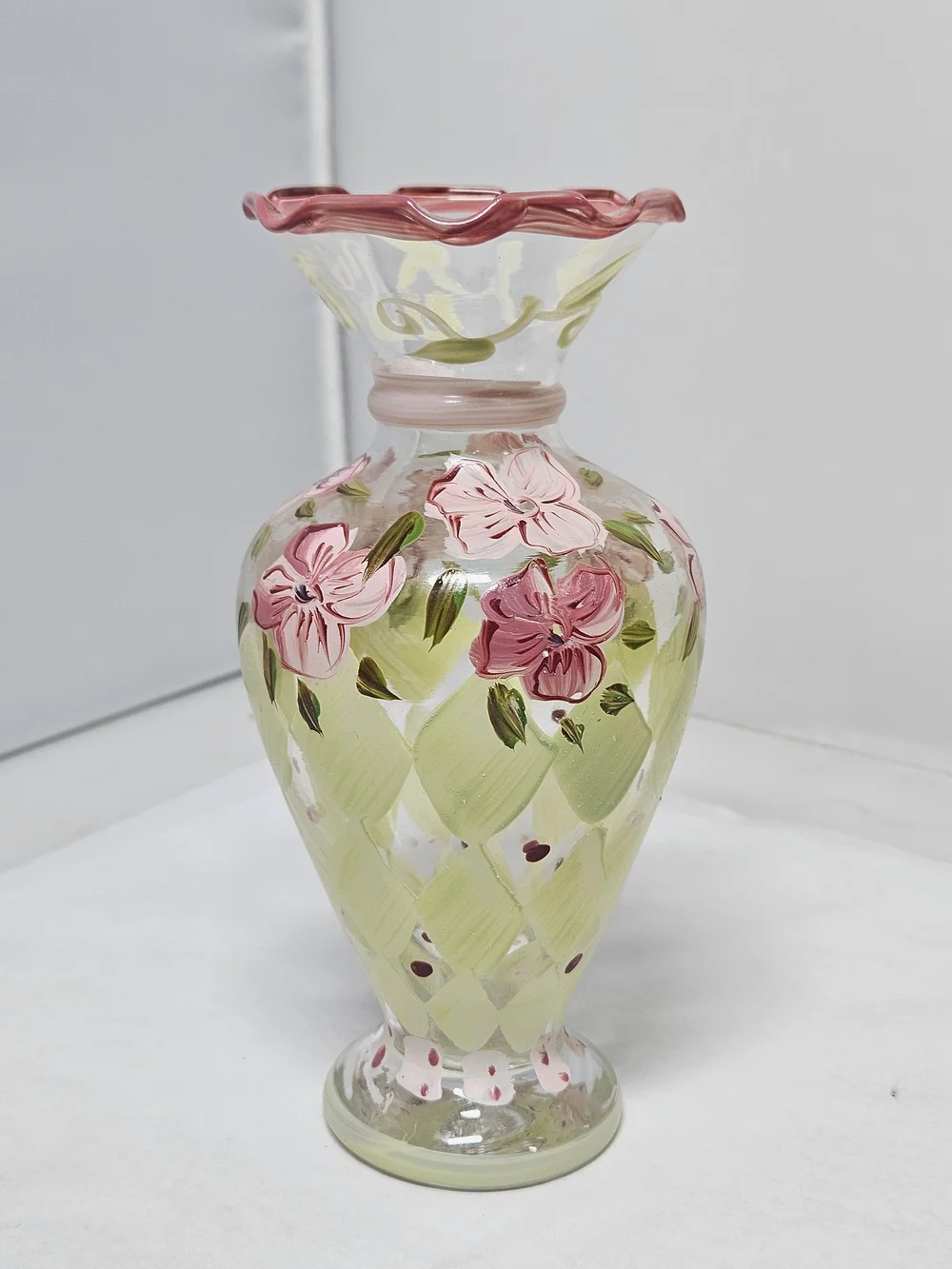 Vintage Tracey Porter Hand-Painted Glass Vase with Pink Floral Design